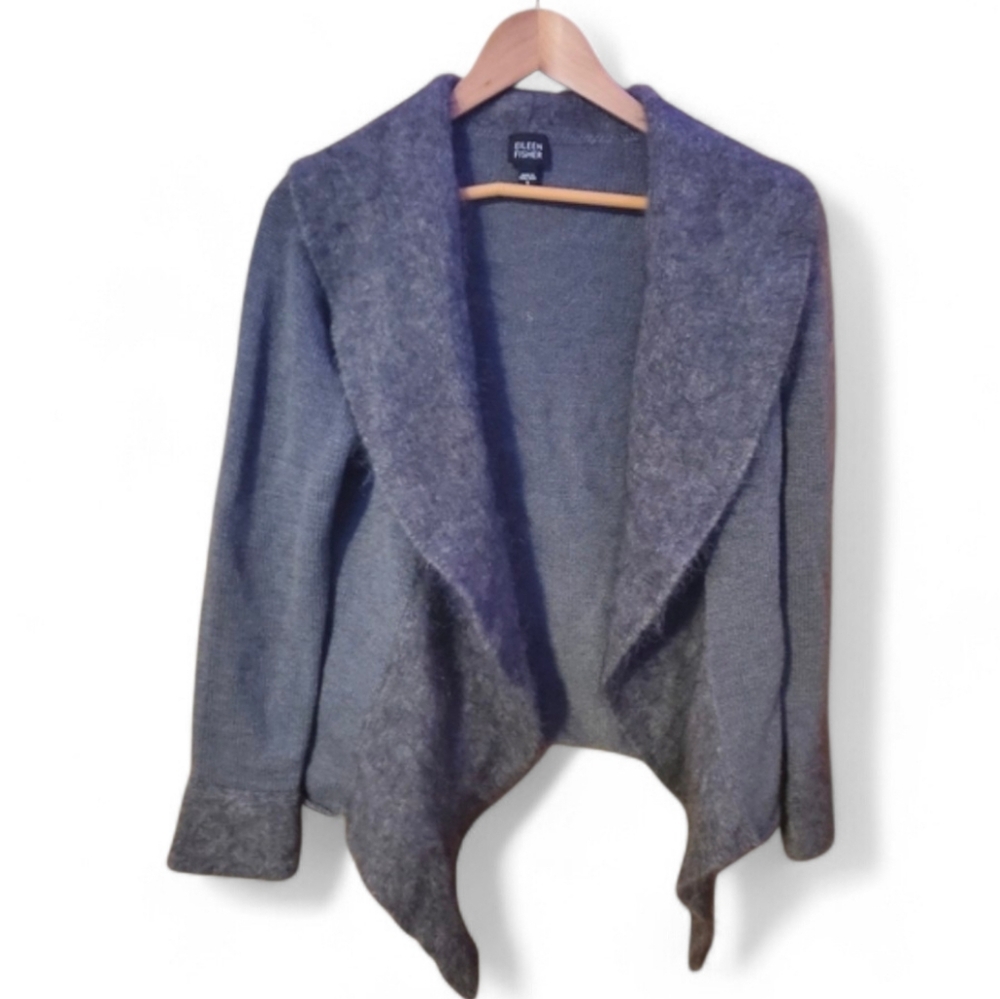 EILEEN FISHER Gray Draped Collar Wool Mohair Blend Cardigan - Small